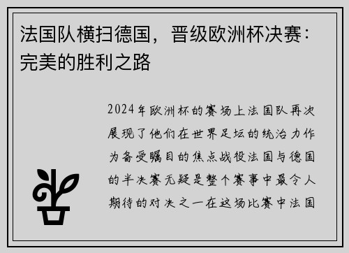 法国队横扫德国，晋级欧洲杯决赛：完美的胜利之路