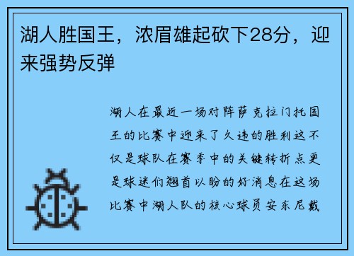 湖人胜国王，浓眉雄起砍下28分，迎来强势反弹